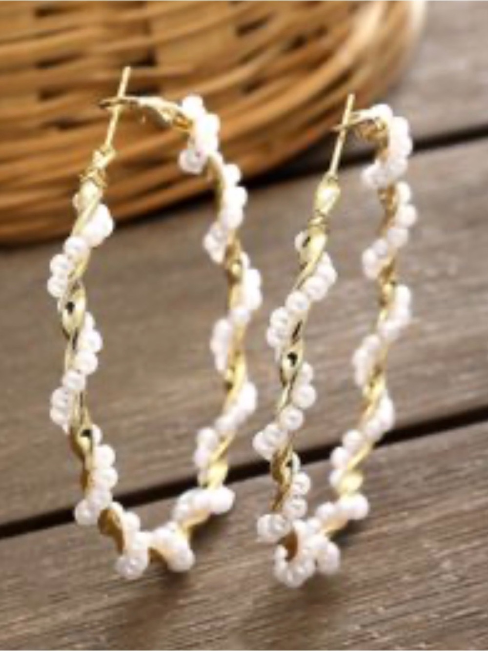 Gold Hoop Earrings with White Pearl Beads - Women Jewelry Very Pretty